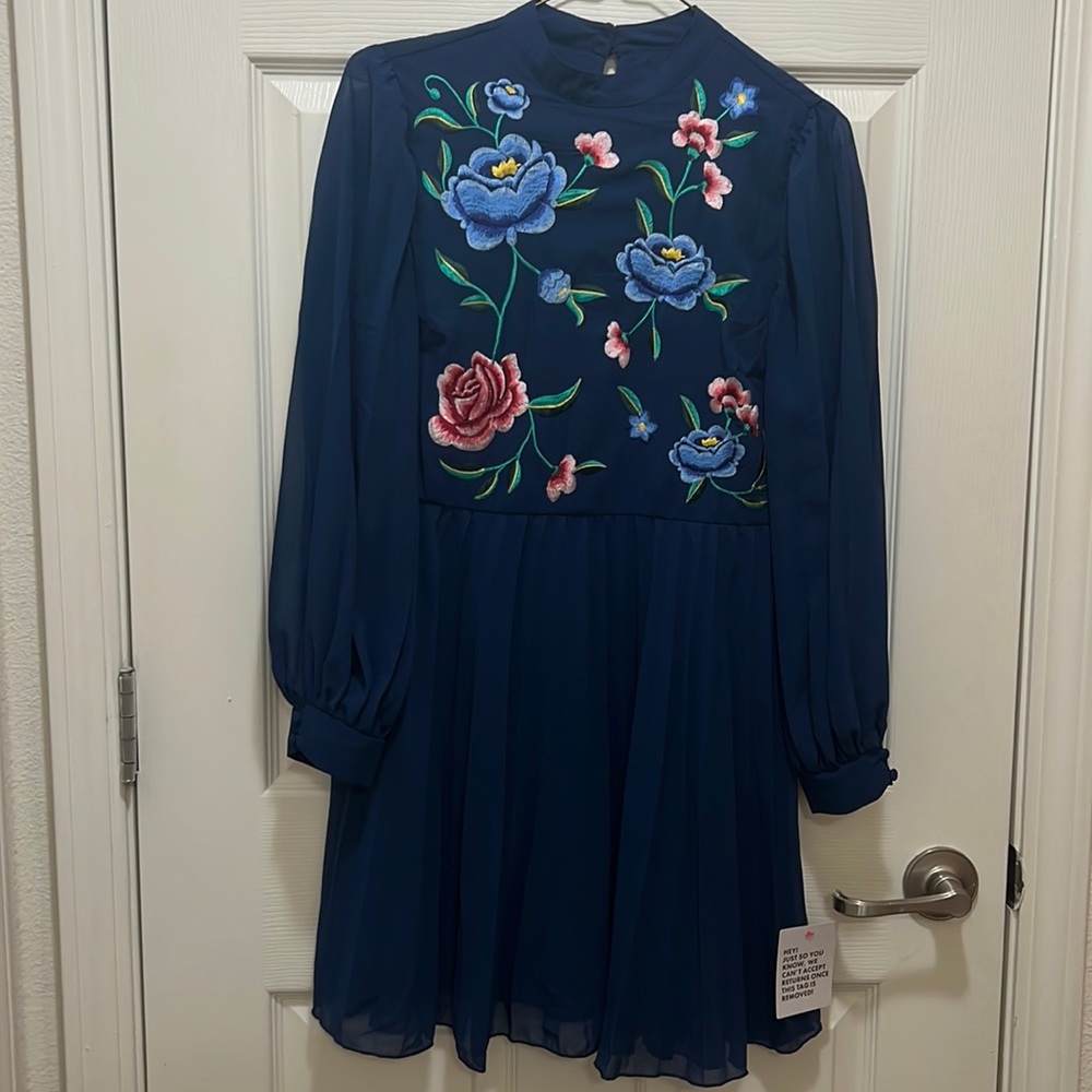 ASOS NEW blue dress with floral top. Size 6 petite. Tags still on dress.